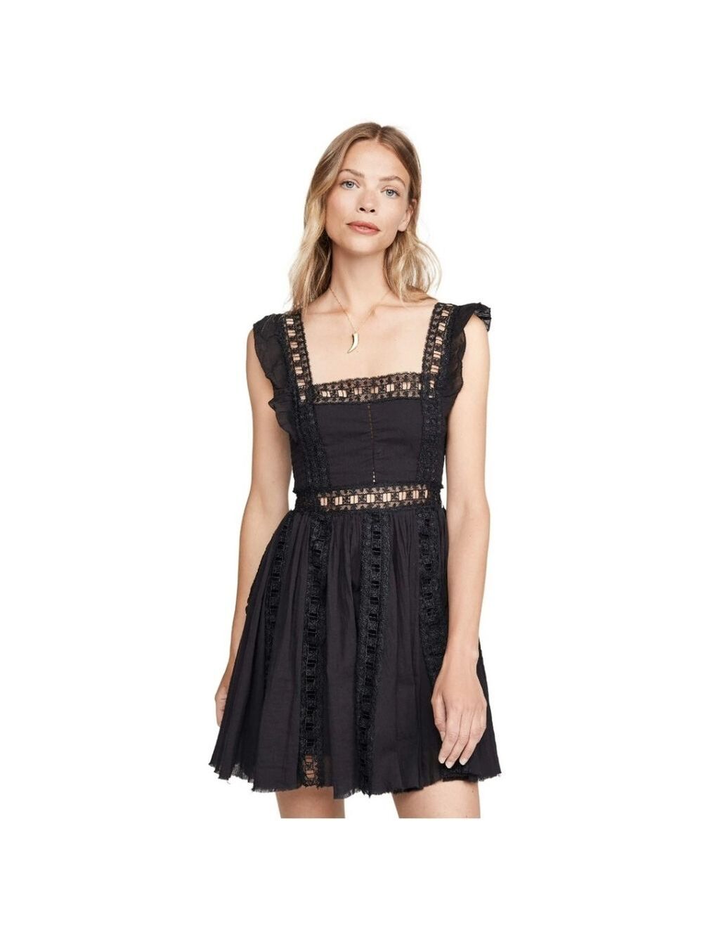 Free People | Verona Mini Dress | Ruffle Strap Tiered Lace Trim Dress | Black
